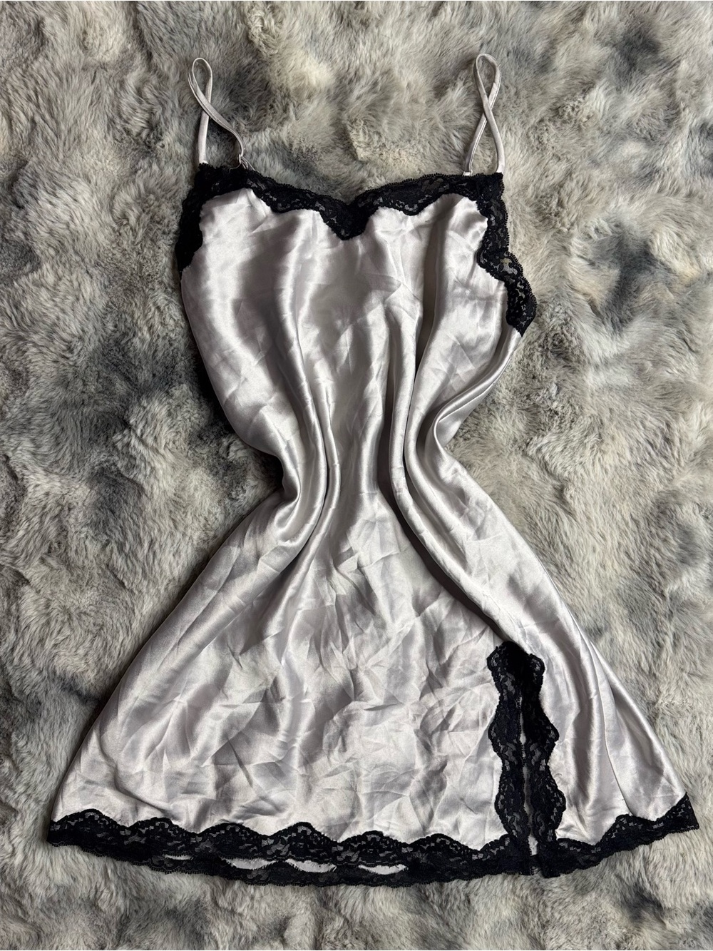 Victoria's Secret Silver Satin Slip with Black Lace Trim
